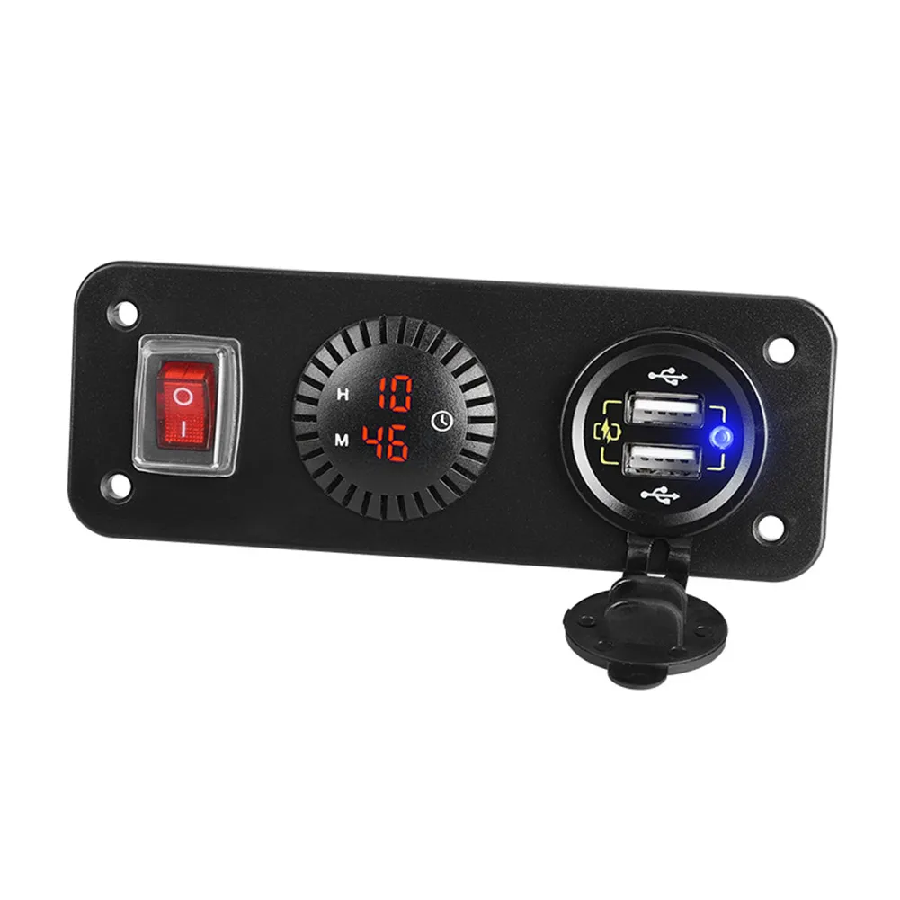 

3 In 1 Car Charger Panel, Dual QC3.0 USB Ports With Clock Display Display And ON/OFF Switch For Car Boat Marine Motorcycle Truck