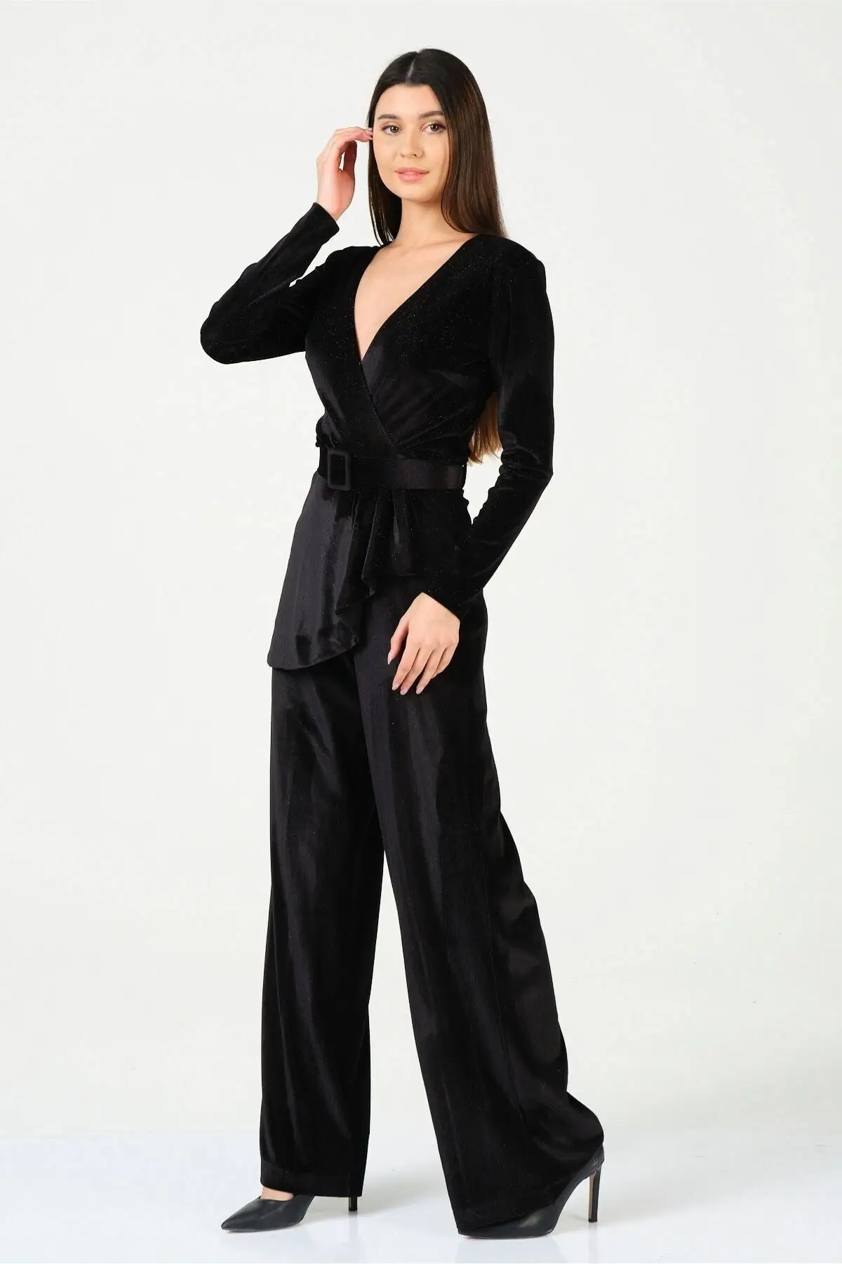 

Women's Overalls Double Breasted Detailed Waist Waist Belted Stylish Velvet Jumpsuit Hot Casual Fashion Jumpsuit