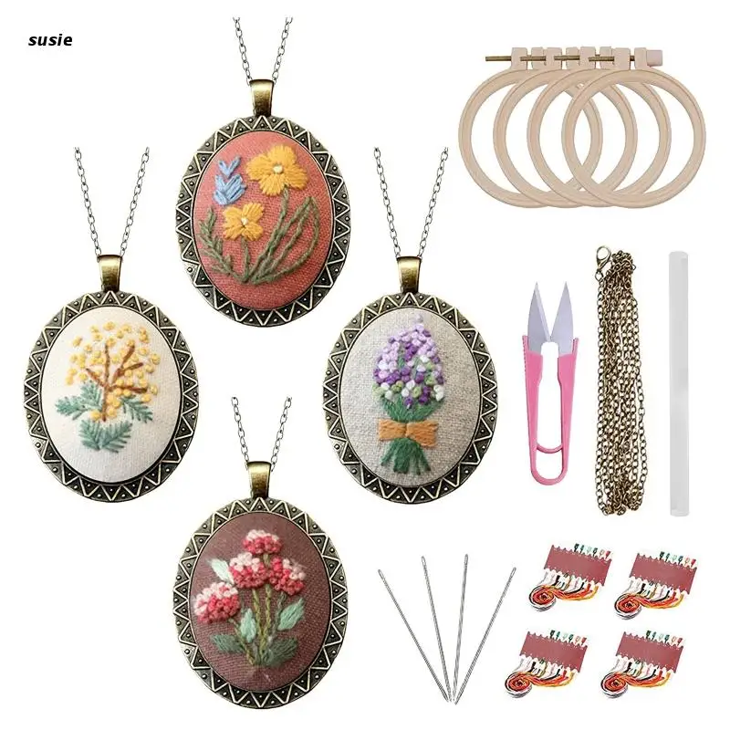 

X7YA 4 Packs Embroidery Necklace Kits Cross Stitch Kits for Beginners DIY Art Pendant