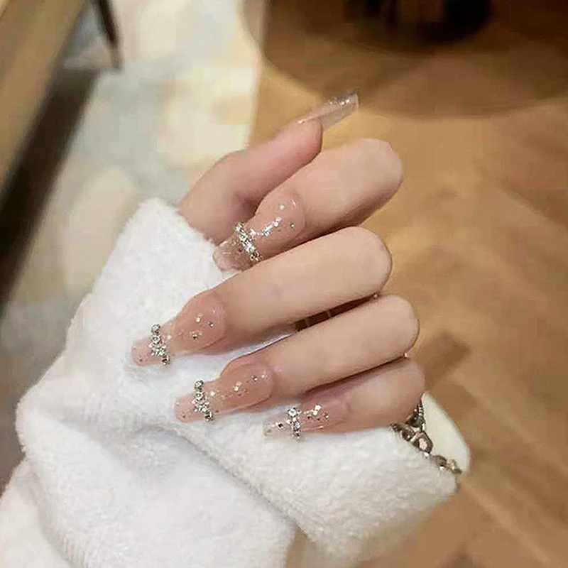 

Shiny Ballet Nails Long Square Head Nail Patch Rhinestone Decor Finished Nail Piece 24PCS Glue Type Best Gifts SANA889