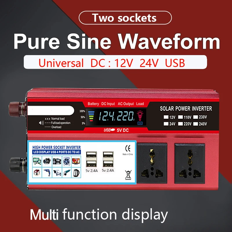 

Pure Sine Waveform Universal Inverter DC 12V24V to 110V-240V LCD Screen Inverter1500W/2000W PowerConverter 50/60HZ Universal