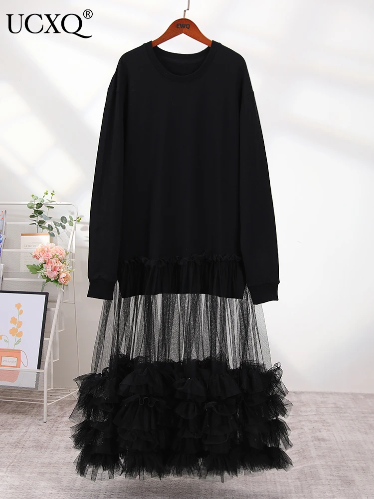 

UCXQ Sweet Women Mesh Spliced Sweatshirt Dress Long Sleeve Big Size Yellow Robe O-neck Winter 2023 Autumn Beautiful clothes U641