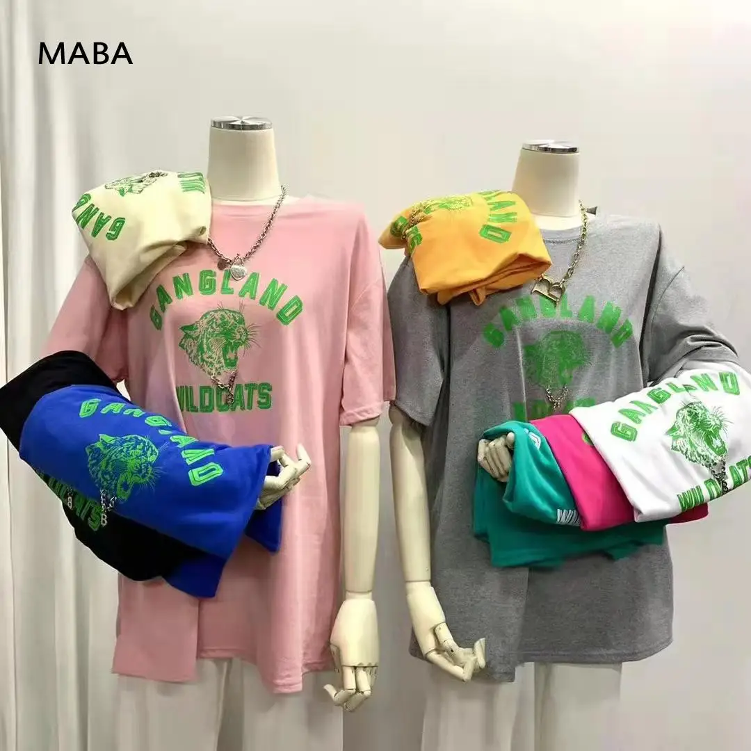 

Fashion Women Letter Tiger Pattern Print Cotton T-shirt 2022 Summer New O-neck Short Sleeve Loose Solid Streetwear Long Top