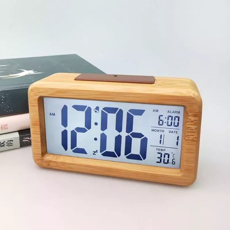 

New Setting Wooden Digital Alarm Clock with Temperature Date Backlight Snooze for Bedroom Bedside Home, Office Non Ticking