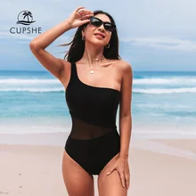 CUPSHE Mesh One Shoulder One-Piece Swimsuit For Women Solid Black Sexy Monokini Swimwear 2022 Female Bathing Suits Beachwear