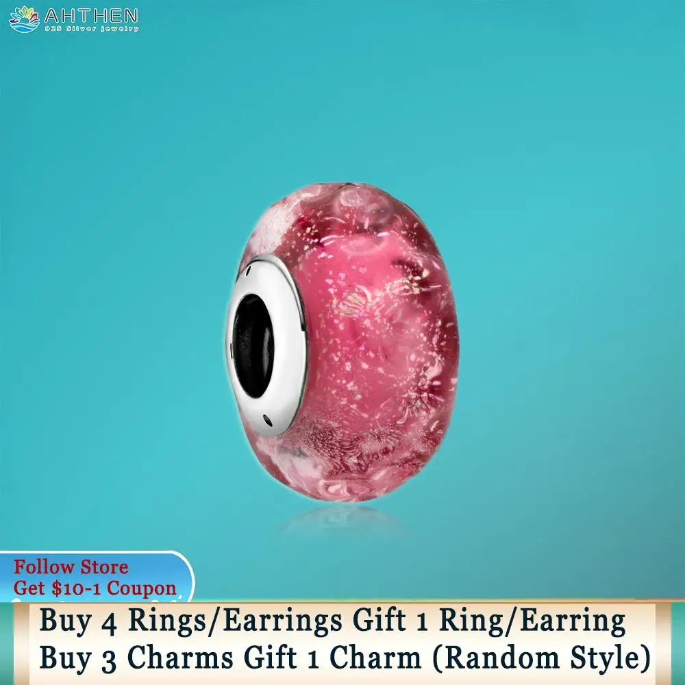 

Ahthen 925 Sterling Silver Beads Wavy Fancy Pink Murano Glass Charms fit Original Pandora Bracelets for Women Jewelry Making