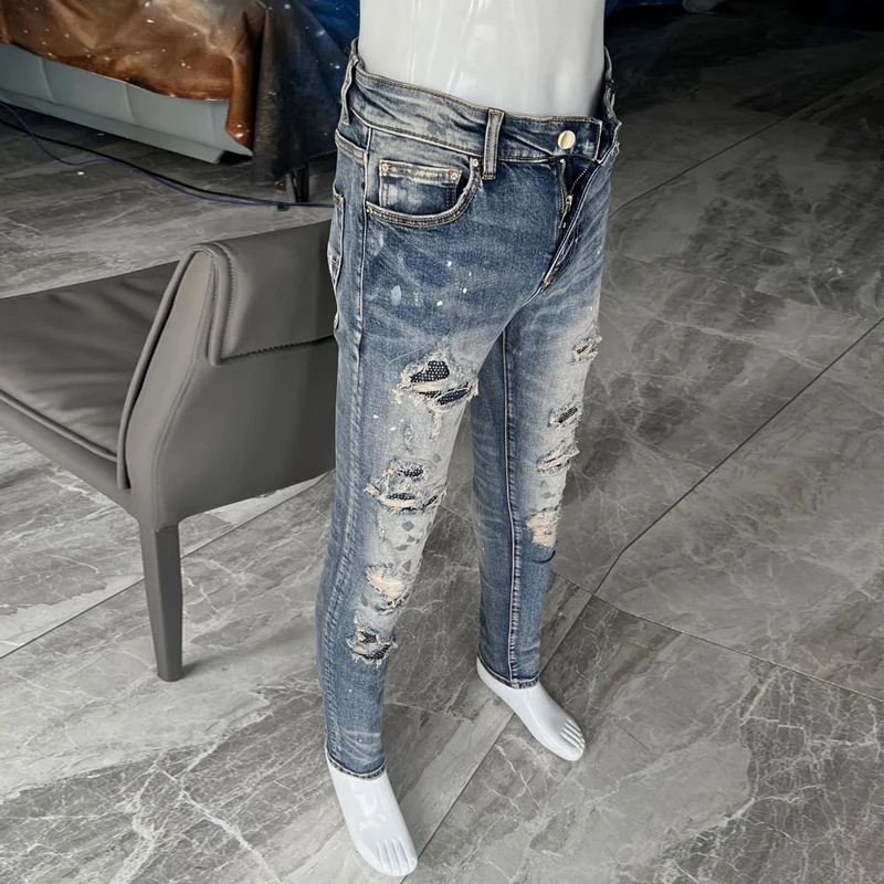 Street Fashion Men Jeans Retro Gray Blue Elastic Slim Fit Painted Ripped Jeans Men Patched Designer Hip Hop Brand Pants Hombre