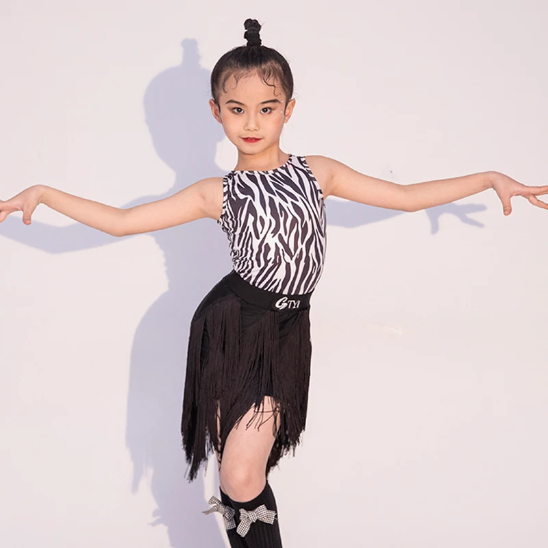 

Детская одежда для латиноамериканских танцев, юбка с Черной Бахромой для девочек, летний костюм для выступлений и бальных танцев, SL7978