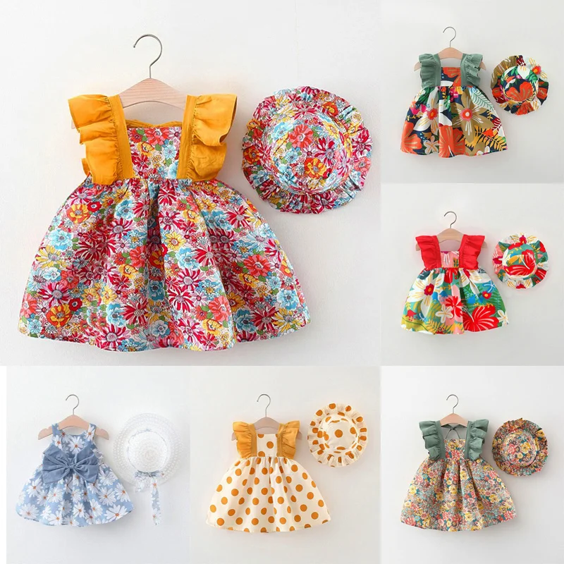 

Одежда для маленьких девочек, Летние Повседневные детские пляжные платья с шапкой, модное платье принцессы с цветочным принтом и бантом, комплект одежды для новорожденных