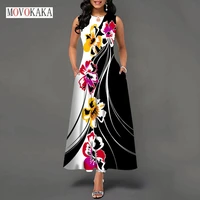 movokaka elegant casual women dresses long summer dress for women sleeveless black white vintage flowers print beach party dress