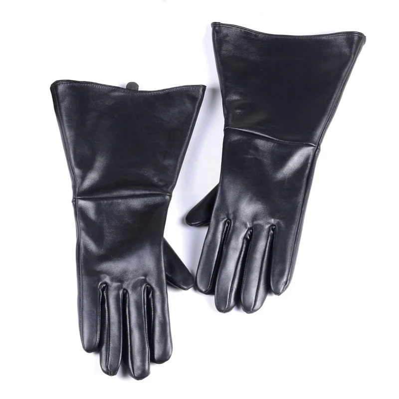 Male Long Gloves Stylish Men Genuine Leather Retro First Layer Sheepskin Bell Mouth Punk Mitten Party Show Play Warm 35cm Luvas