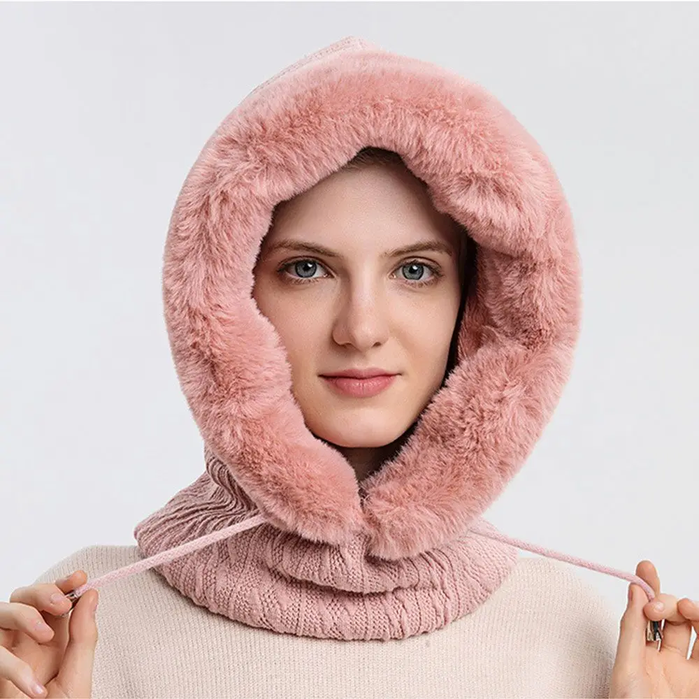 Winter Fur Cap Mask Set Hooded for Women Knitted Windproof Thick Plush Fluffy Beanies Warm Cashmere Neck Russia Outdoor Ski Hat