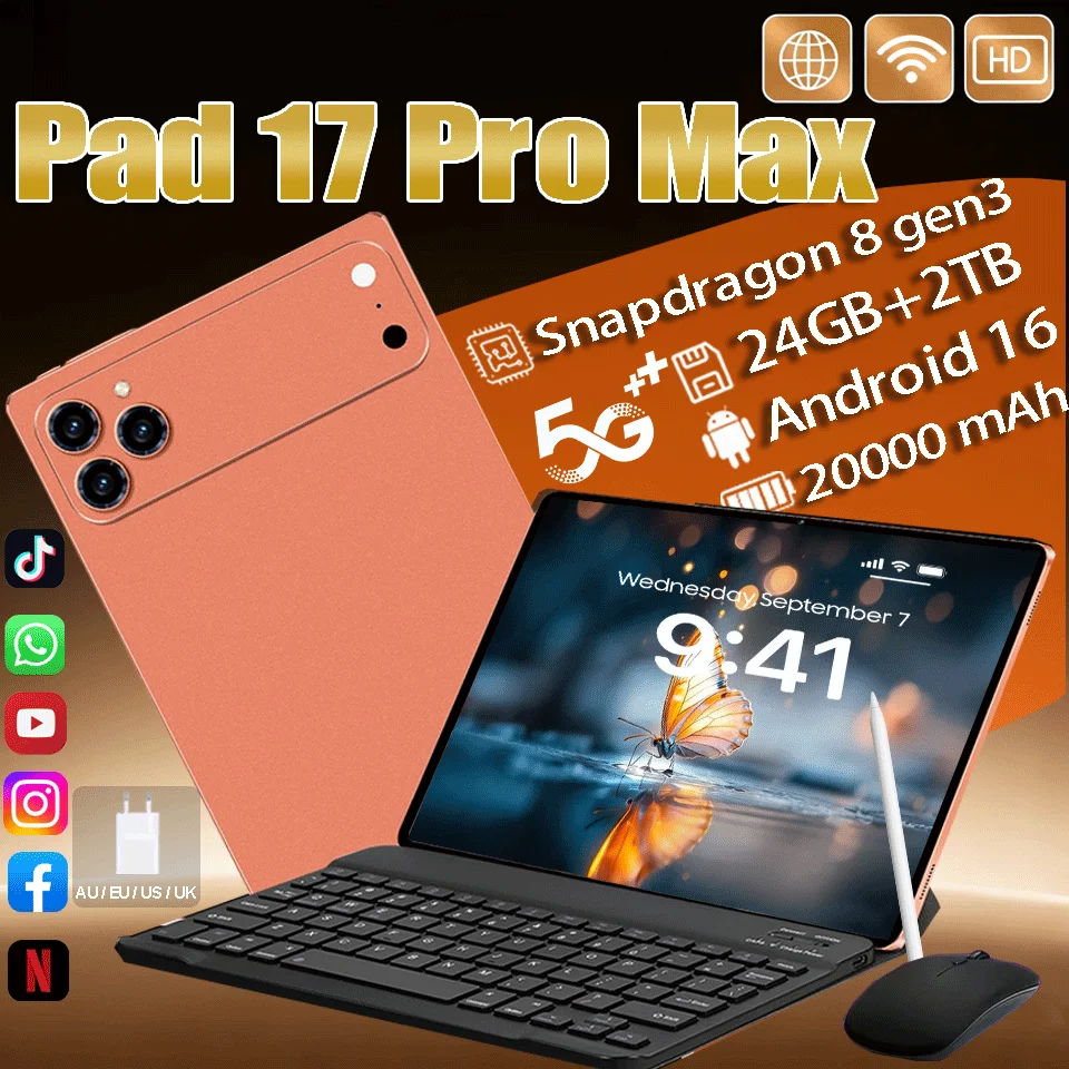 Фото Новый планшет 2026 Pad 17 Pro Max, 11 дюймов, 24 ГБ + 2 ТБ, Android 16, Snapdragon 8 Gen 3, 20000 мАч, 5G, две SIM-карты, мини-ПК №1