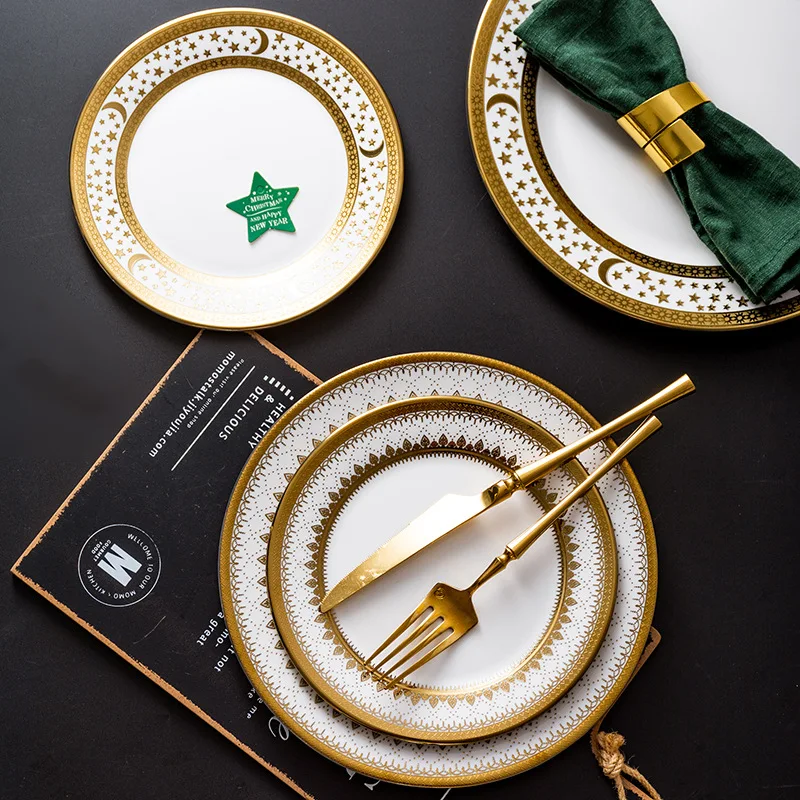 Plato de cerámica con forma de Luna y estrella dorada, juego de vajilla de porcelana con borde dorado para aperitivos, fruta y restaurante