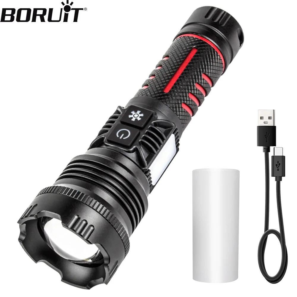 BORUiT LED Zoom Flashlight Torch With Double SideLights Type-C Rechargeable Waterproof Tactical Hunting Lights