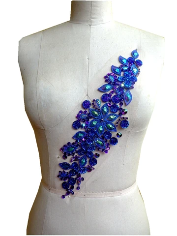 A208 нашивки ручной работы с кристаллами, фиолетовые нашивки, аппликация с камнями, блестками, бусинами, 36*10 см для верхнего платья