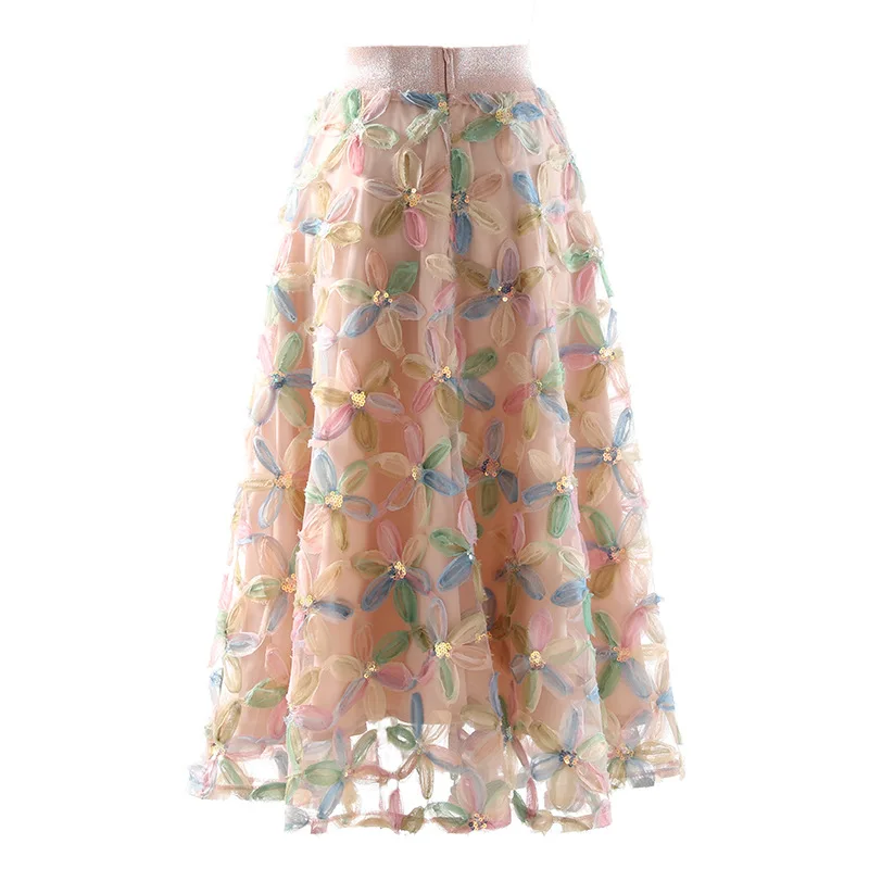 

Sweet Embroidered Flowers Long Gauze Skirt Korean Sequined Rainbow Floral Swing Calf Long Mesh Skirt