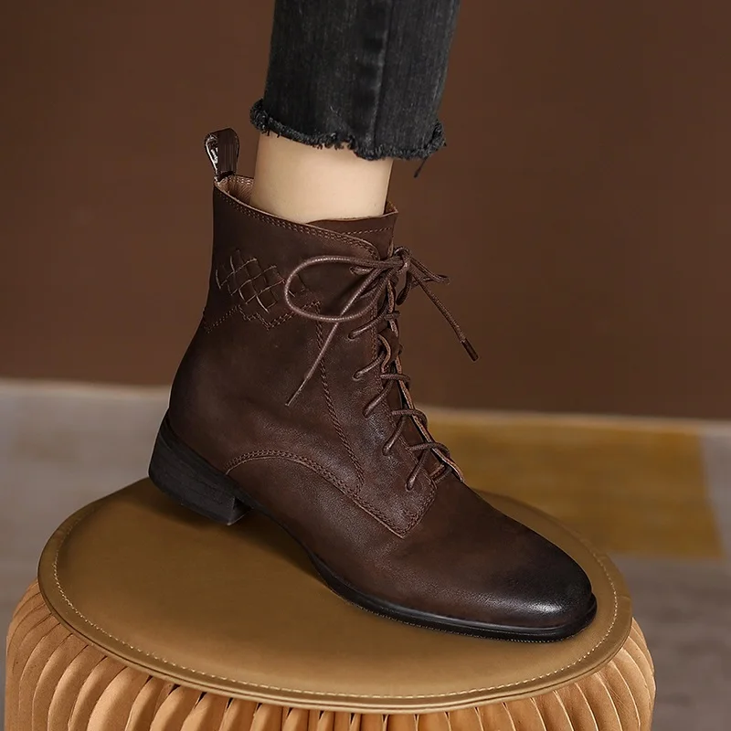 

Женские ботинки из воловьей кожи, с круглым носком, на среднем каблуке