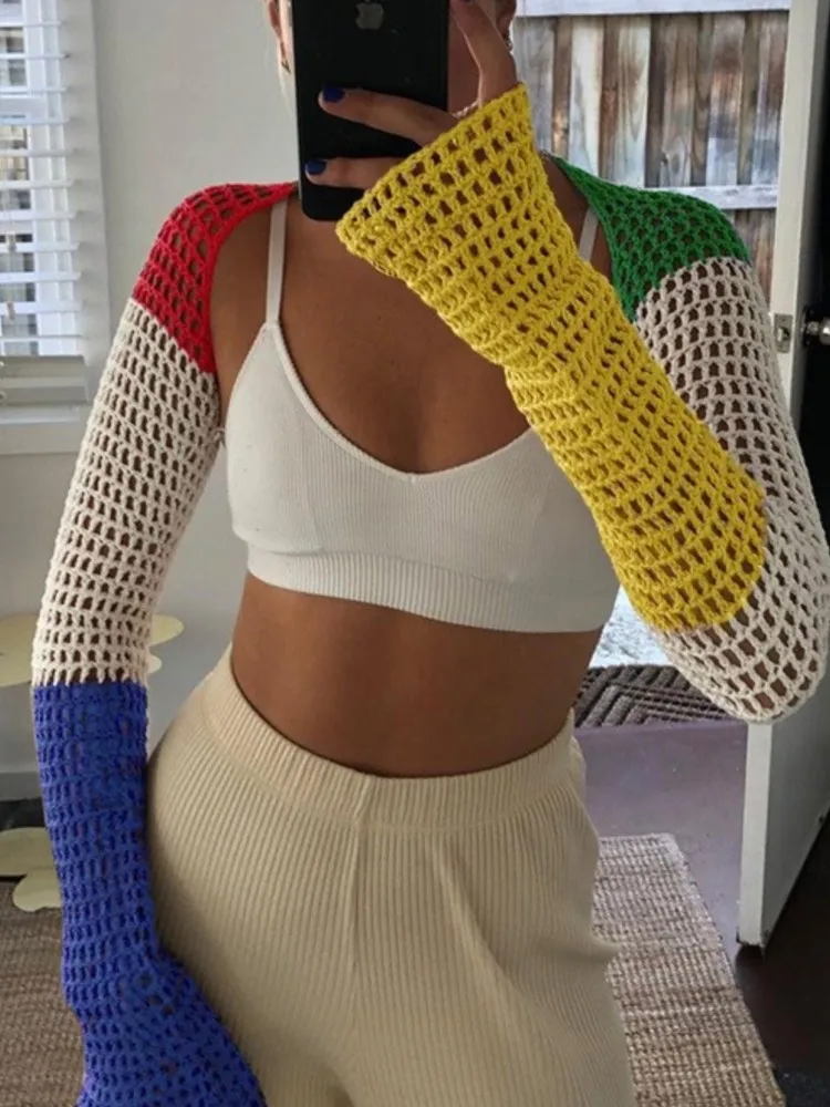 

Женская пляжная блузка с длинным рукавом, вязаная Асимметричная короткая пикантная блузка с отстрочкой, с защитой от солнца, 2022