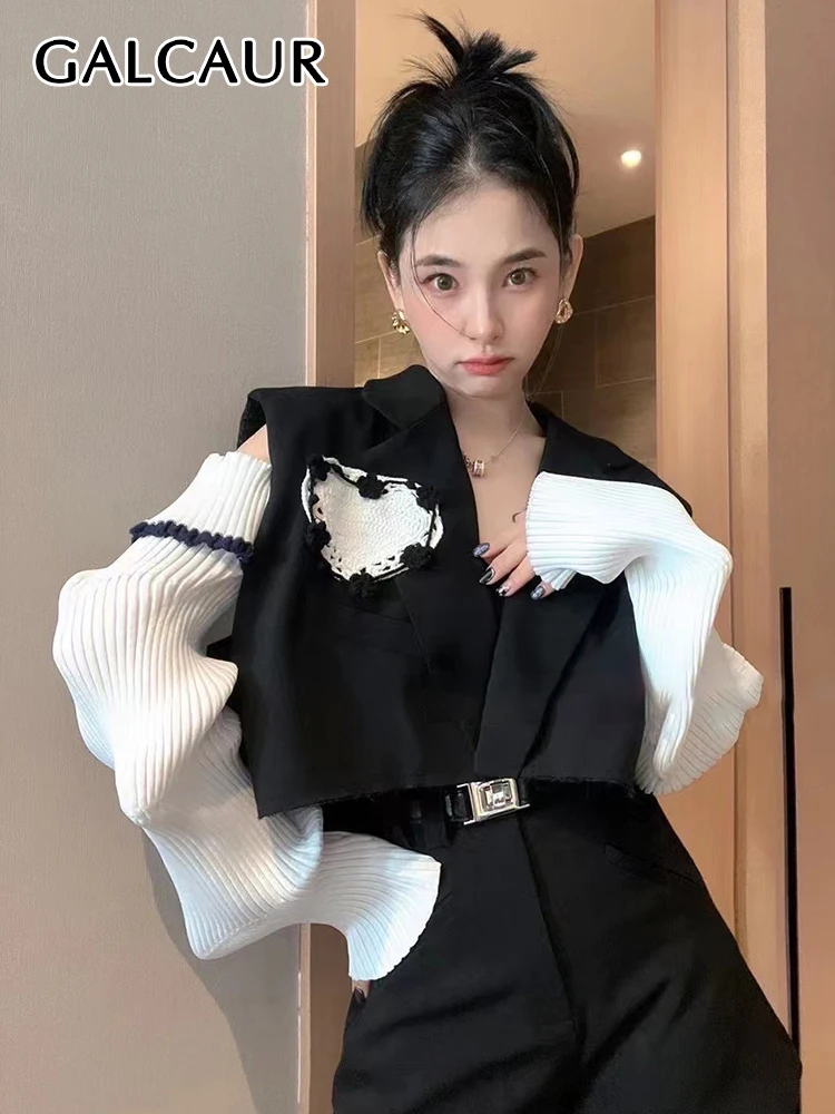 

GALCAUR Streetwear Jacket For Women Notched Collar Long Sleeve Off Shoulder Patchwork Knitting Colorblock Jackets Female autumn