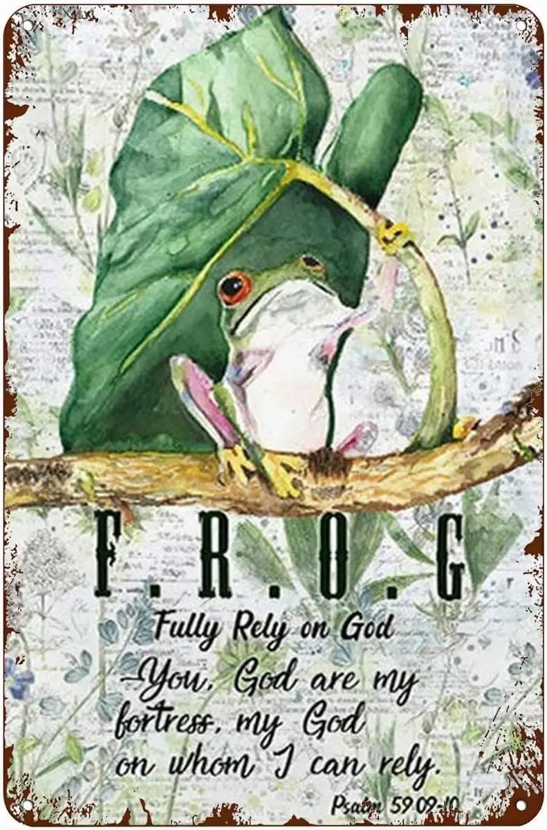Krouterebs Frog Fully Rely On God Vntge Style Metl Tn Sgn Home Lvng Room Kitchen Dnng Bedroom Frmhouse Wll Decorn 8&quot 12&amp