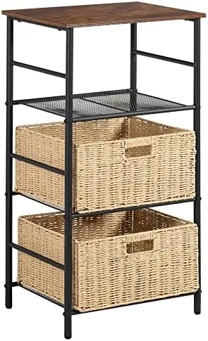 

Console Wicker Basket Storage, Rustic Narrow Sofa Tables for Hallway Living Room, Corridor, Easy Assembly, Wide 2-Tier, Brown Te