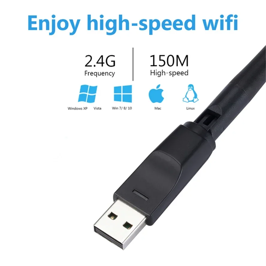 Фото Адаптер USB 2.0 2,4 ГГц, 150 Мбит/с, беспроводная сетевая карта Wi-Fi с антенной, набор микросхем 802.11 b/g/n Ralink MT7601 для портативных ПК, Windows №2