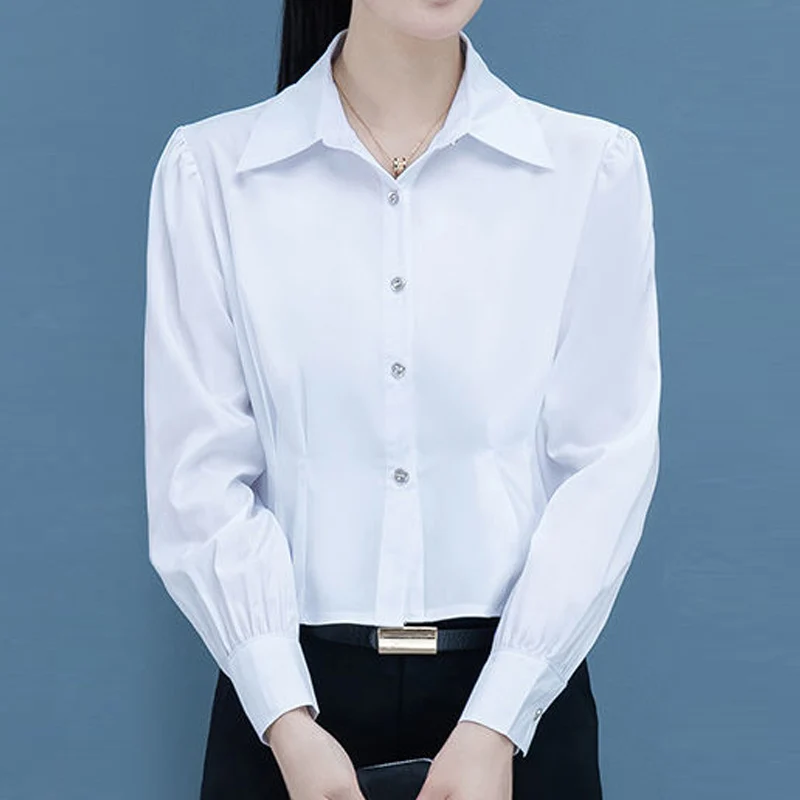 Elegant Korean Fashion Office Lady Business Casual Button Up Shirts Simple Solid Slim Long Sleeve Tops Blouses for Women Clothes