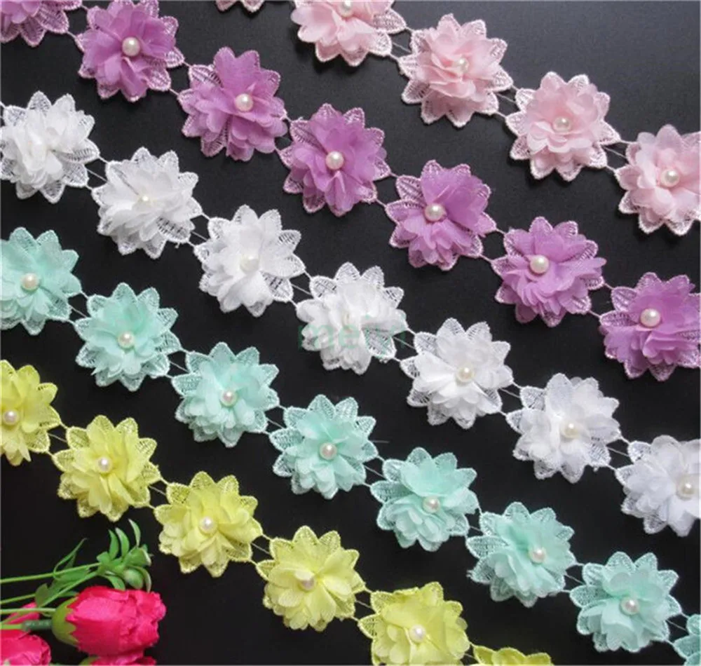 50x белый цветок шифон Жемчуг вышитая кружевная отделка Лента ткань ручной работы