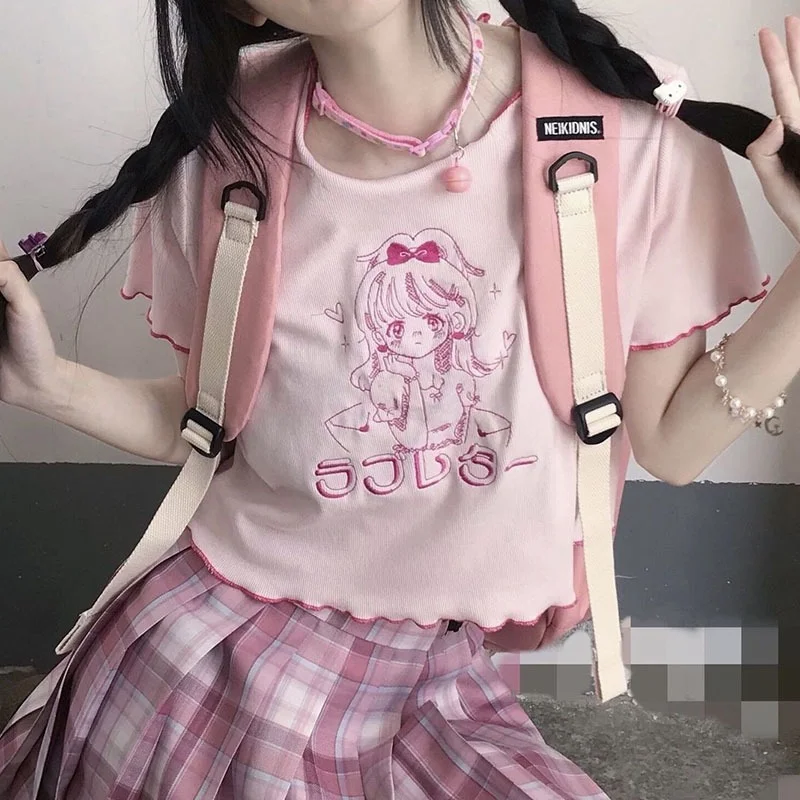 

E Girl T Shirt Women 2021 Harajuku Cropped Tops Fashion Summer Thin Pink Feminine Clothes MINGLIUSILI Embroidery Kpop Tee Shirt