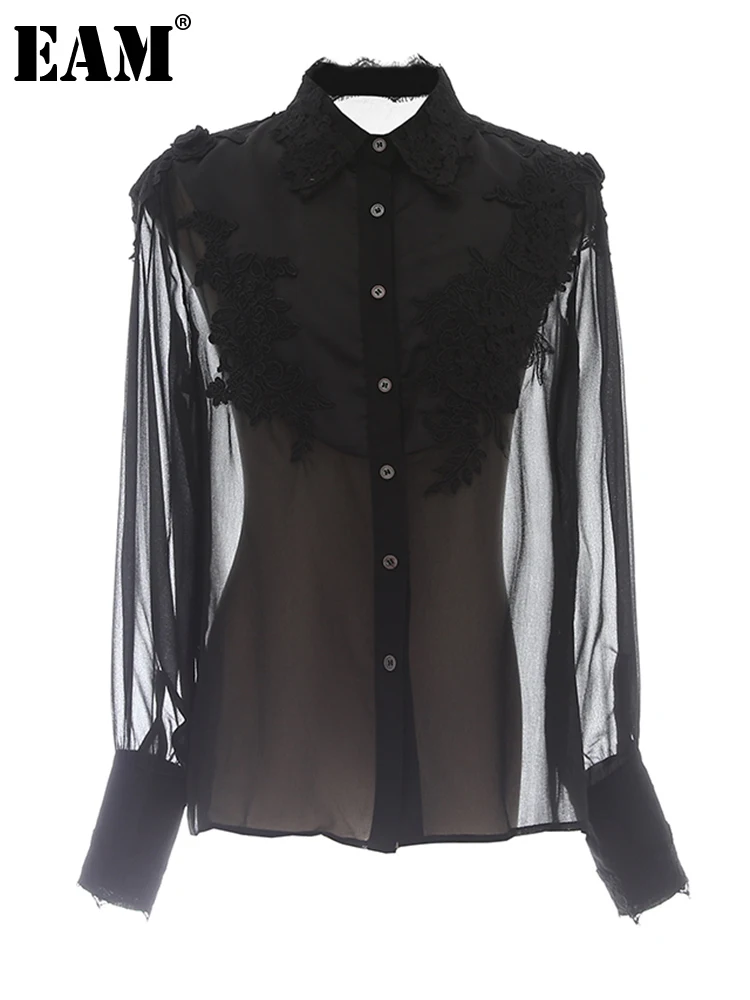 

[EAM] Women Black Perspective Embroidery Blouse New Lapel Long Sleeve Loose Fit Shirt Fashion Tide Spring Autumn 2022 1DE8227