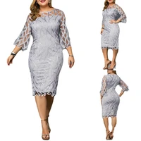 plus size dresses 4xl 5xl 6xl summer women lace slim patchwork party dress office ladies round neck flare sleeve stretch bodycon