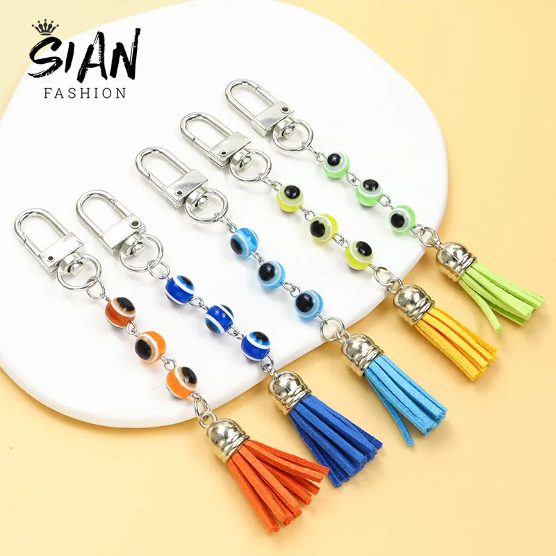 

Lucky Eyes Resin Beads Keychain Turkish Evil Eye Keyring Colorful Tassel Pendant Key Chains Handbag Purse Car Key Accessories