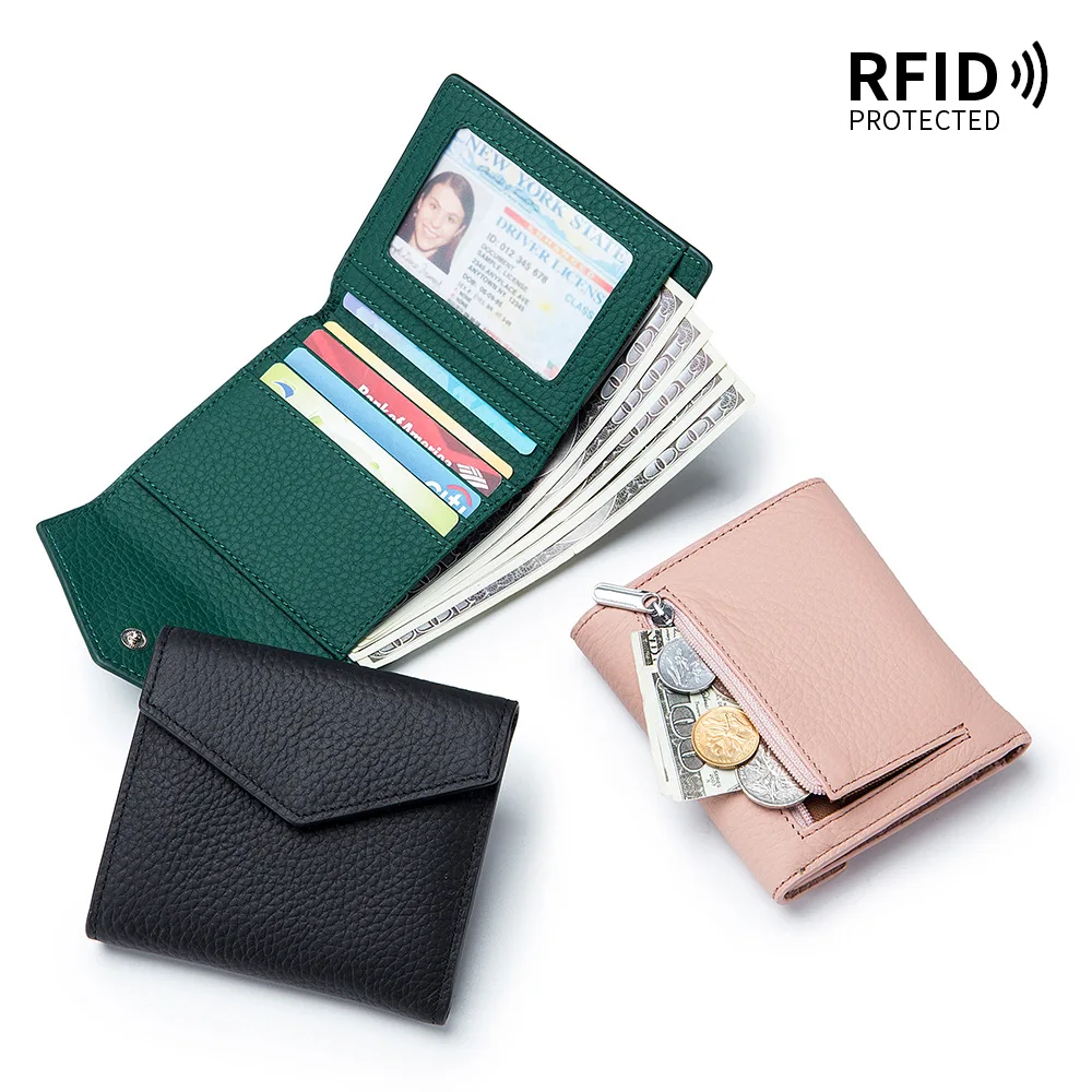 RFID Short Three Fold Wallet Women Fashion Purses Cow Leather Mini Wallets Multi-card Pocket Clutch Purse Small Wallet for Girl