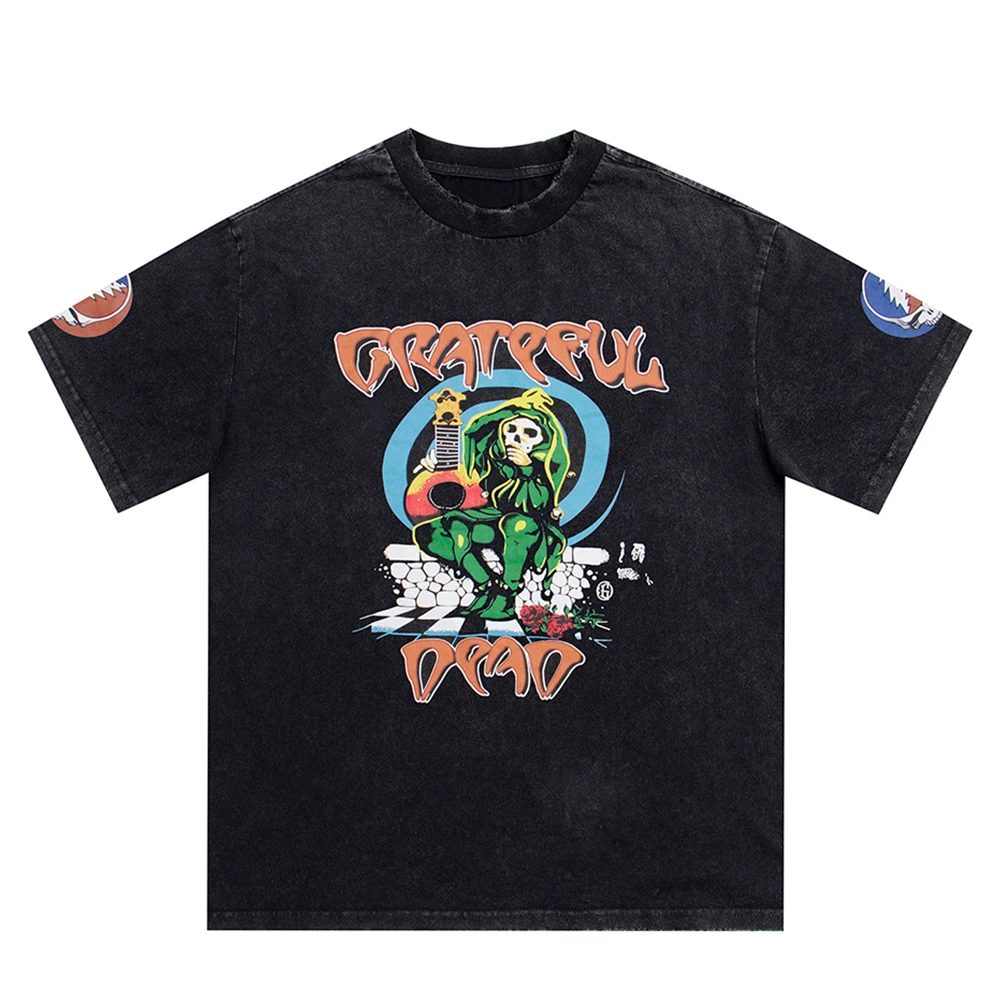 

T-shirt for Men Pure Cotton Skull Guitar Letter Graffiti Pattern Print Loose Vintage Wash Brand Unisex Four Seasons Tops Tees