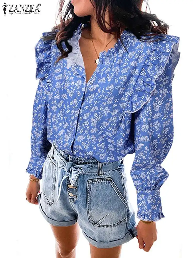 

ZANZEA Women Puff Sleeve Blouse Fashion OL Bohemian Printed Shirts Casual Ruffled V Neck Tops Tunics Oversized Blusas Chemise