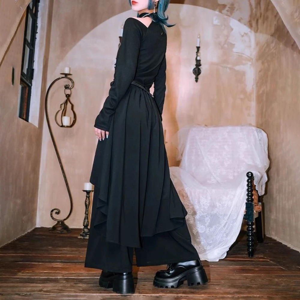 Темно-готическая многослойная юбка нестандартной формы с вышитой лентой брюки