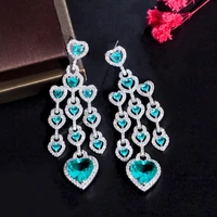 threegraces elegant light green cubic zirconia long big heart cz tassel drop earrings for women chic wedding party jewelry er934