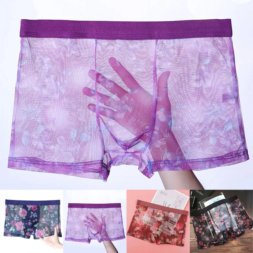 

Men Mesh Floral Print Large Size Underwear Breathable Transparent Boxer Briefs Shorts U Convex Pouch Gay Lingerie Erotic Panties