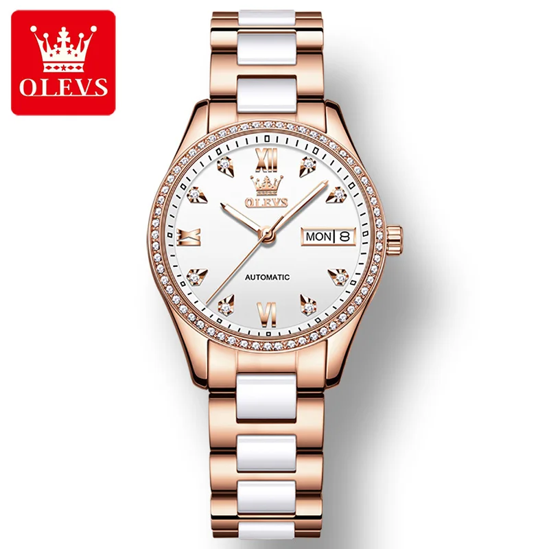 OLEVS 6637 Waterproof Full-automatic High Quality Women Wristwatches Fashion Automatic Mechanical Ceramic Strap Watch for Women enlarge