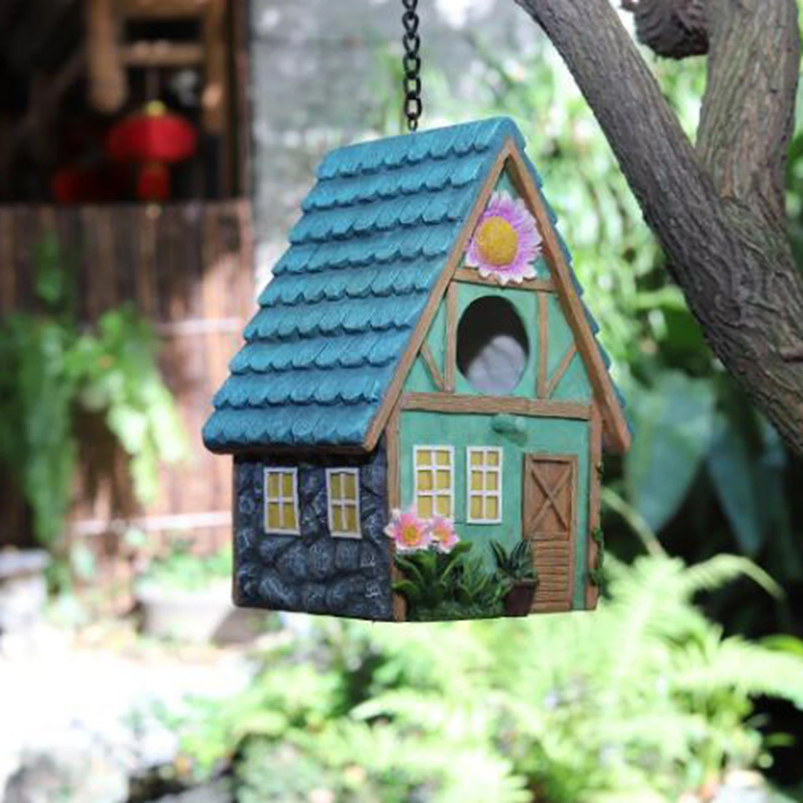 

Resin Hand-Painted ing Colourful Birdhouse Garden Country Cottages Bird House Outdoor Decorative Nesting Box