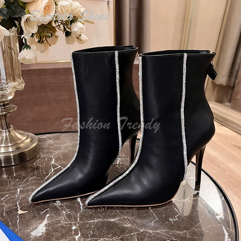 

Black Leather Crystal Strap Ankle Boots Women Stiletto Pointed Cover Casual Ankle Calf Booties Blue Suede Light Brown Zip Shoes