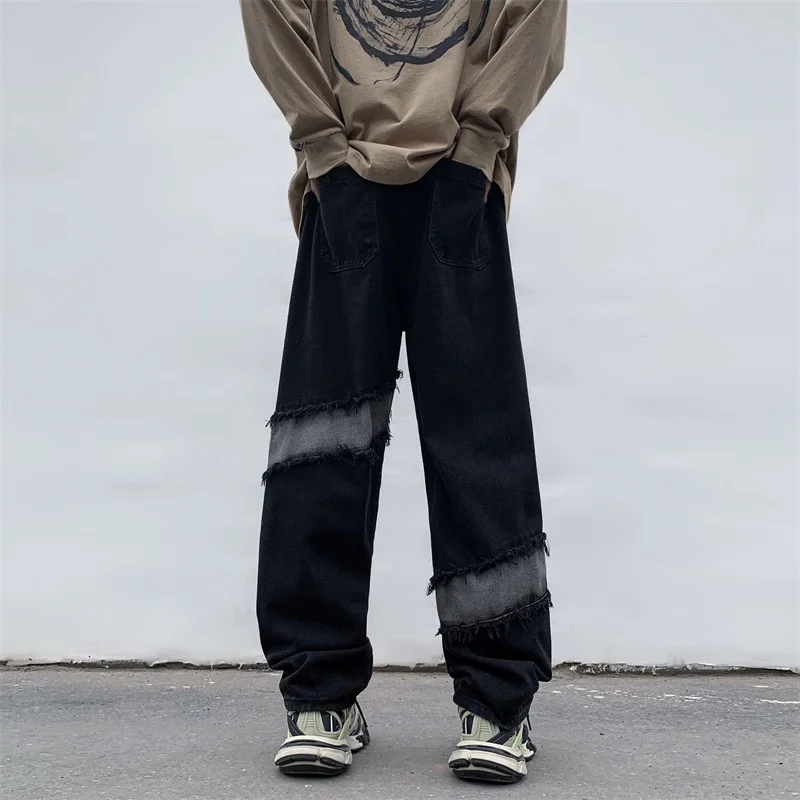 DEEPTOWN Gothic Patchwork Jeans Men Ripped Black Denim Pants Male Vintage Straight Trousers Streetwear Hip Hop Fashion Spring