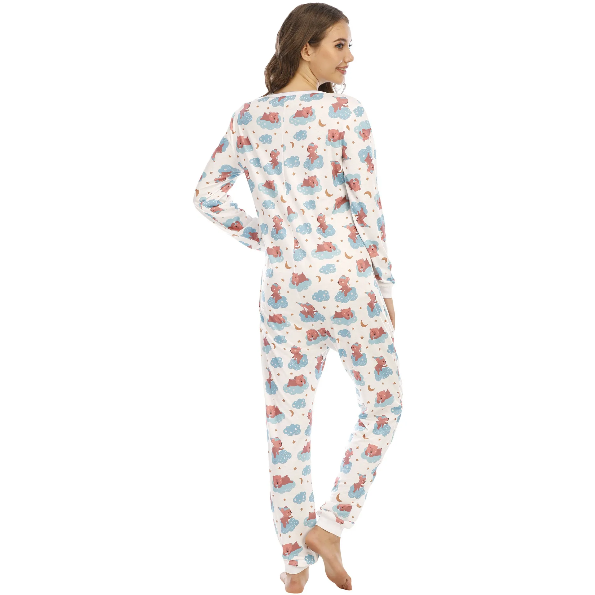 Women's Onezie Pajamas Long Sleeve Printed Button Home Wear Rompers Round Neck Loose Sleepwear Bodysuit Woman Onesie Pajama