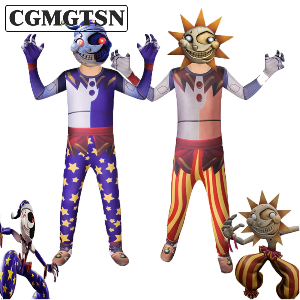 CGMGTSN Fancy Halloween Cosplay Costume for Kids Sundrop Moondrop FNAF Sun Clown Jumpsuit With Mask Set Boys Girls Clothes