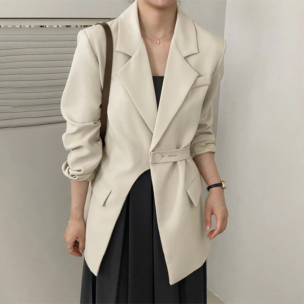 2023 New Spring Fashion Women's Blazer Notched Loose Single Button Long Sleeve Lace Up Waist Suit Jackets Slim Office Lady Coat