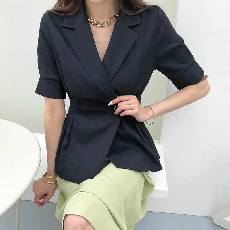 2021 Summer Ladies Elegant Temperament Short Pleated Short-sleeved Slim Single Button Fashion Small Suit Ladies Women Clothing