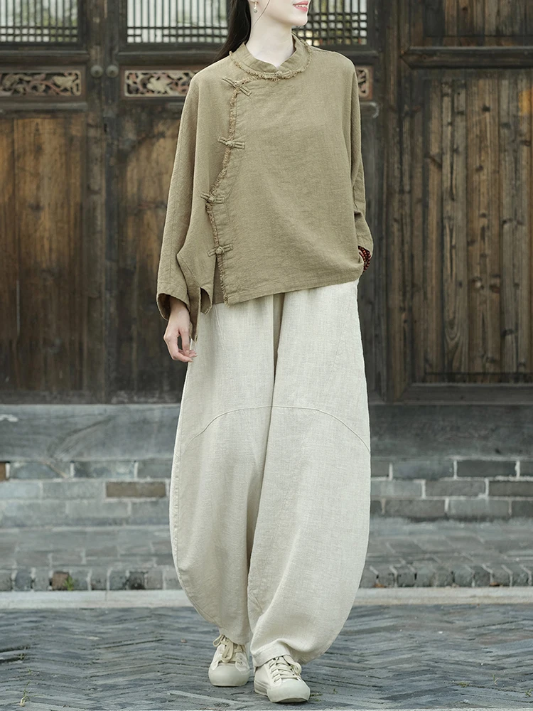 Свободные рубашки Ramie для женщин весна и осень 2024 новая женская одежда из хлопка