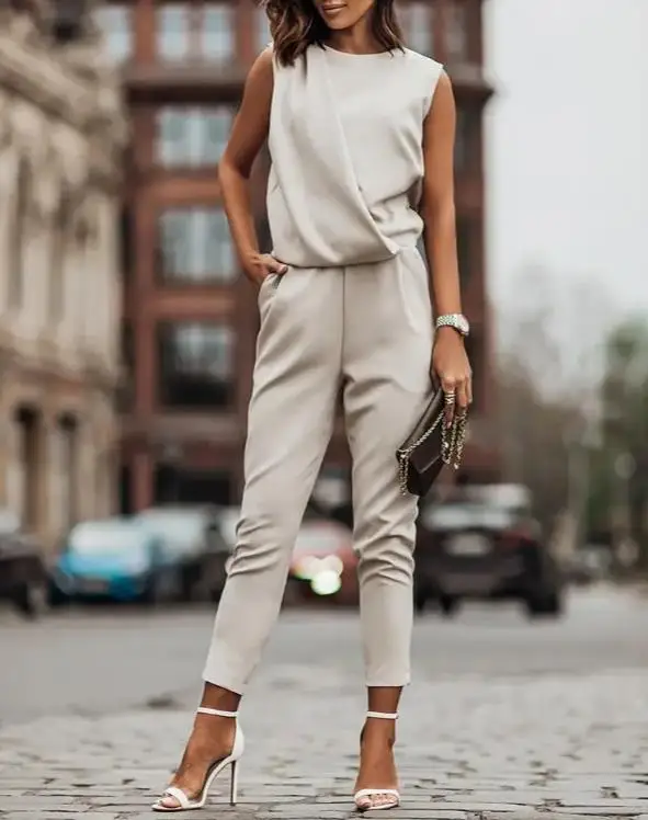 

Two Pieces Women's Trouser Suit Summer Elegant Sleeveless Tank Top & Pocket Decor Pants Set Casual Female Solid Office Suit Lady