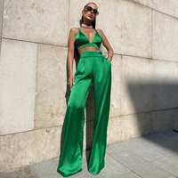 adogirl elegant 2 two piece sets women tank top and wide leg pants outfit suits sexy backless solid tracksuit streetwear 2021